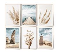 BLCKART Infinity Love Beach Ensemble d'images / posters muraux, beiges, élégants, double face, au motif d'herbe de la pampa, pour la plage, le salon, taille L : 6 formats A3, 29,7 x 42 cm, sans cadre