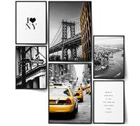BLCKART Infinity New York City Lot de posters muraux élégants pour salon Motif lama, taxi, statue de la liberté, pont de Brooklyn (L | 2 x A3 | 4 x A4 | Sans cadre