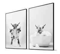 BLCKART Lot de 2 tableaux muraux élégants pour décoration de salle de bain - Noir et blanc - Motif vache des montagnes - posters décoratifs de salle de bain - DIN A3-29,7 x 42 cm
