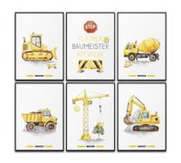 BLCKART Lot de posters de petit constructeur - Véhicules de construction pour chambre d'enfant, pelleteuse, grue, camion basculant, chantier (jaune sensoriel, 6 x DIN A4)