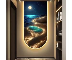 BLCKTIGR Art Mural LED 3D, Paysage Plage Lune Applique Murale Chaude Dimmable, Décoration Moderne en Porcelaine de Cristal pour Salon Chambre Couloir Entrée(D,50 * 100cm/19.69 * 39.37in)