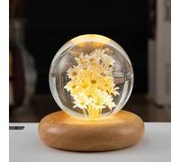 BLCKTIGR Lampe en résine océanique Artisanale, Boule de Cristal avec Fleurs séchées Naturelles, veilleuse LED Chaude, Base Bois Massif, déco Chevet et Bureau(G-7cm/2.8in)