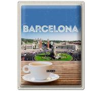 Blechemma Carte postale en tôle avec enveloppe 14 x 10 cm Vacances Ville Voyage Monuments Barcelone Espagne Panorama Image Café Espagne