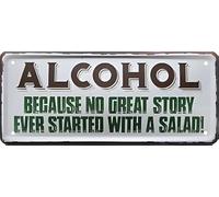 Blechschild Plaque en métal avec inscription humoristique en allemand « Alcohol Because no Great Story Ever » - Pour pub, comptoir, bar - Cadeau humoristique pour anniversaire ou Noël - 28 x 12 cm