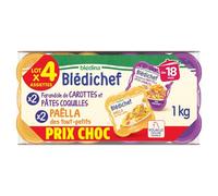 BLEDINA - Blédichef - 2 Paëlla des Tout-Petits plus 2 Farandoles de Carottes et Pâtes Coquilles - dès 18 Mois - 4 Assiettes 250 g