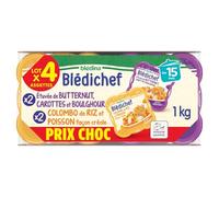 BLEDINA - Blédichef - 2 Plats Colombo de Riz et Poisson plus 2 Plats etuvée de Butternut, Carottes et Boulghour - dès 15 Mois - 4 Assiettes 250 g
