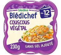 Blédina, Blédichef, Plat Bébé dès 12 Mois - Couscous Végétarien aux Légumes et Pois Chiches - Repas Complet 230g