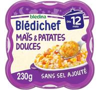 Blédina, Blédichef, Plat Bébé dès 12 Mois - Crémeux de Maïs et Patates Douces au Cumin - Repas Complet 230g