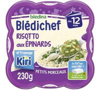 Blédina - Blédichef - Repas Bébé 12 Mois - Plats Bébé - Risotto aux Epinards et fromage Kiri - Petits Morceaux - Dès 12 Mois