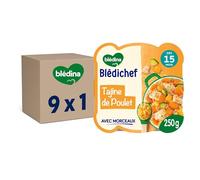 Blédina - Blédichef - Repas Bébé 15 Mois - Plat Bébé Tajine de Poulet Citron Coriandre - Petits Morceaux - 100% Ingrédients d'Origine Naturelle - Dès 15 Mois - 1 Assiette de 250g