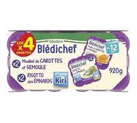 Blédina - Blédichef - Repas Bébé - 2 Mouliné de Carottes et Semoule et 2 Risotto aux Epinards et fromage Kiri - Petits Morceaux - Dès 12 Mois