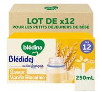 Blédina Blédidej Céréales bébé Biscuité Saveur Vanille - Dès 12 Mois - Lait bébé pour petit-déjeuner - Source de Calcium, Vitamine C, Fer, Oméga 3 (ALA) - Format Pratique x12 briques 250 mL
