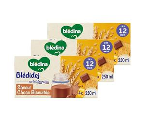 Blédina Blédidej Croissance, Céréales bébé Lactées Saveur Choco Biscuitée, Dès 12 Mois, 250ml (3x4 briques)