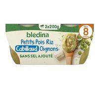 BLÉDINA - Bols - Repas Midi Bébé - Ecrasé de Petits Pois, Riz et Cabillaud Petits Oignons - dès 8 Mois - sans Sel Ajouté
