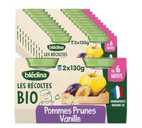 Blédina - Les Recoltes Bio - Petits pots pour bébé - Pommes Prunes Vanille - Recette BIO et simple - De 4 à 6 mois - 24 pots de 130g