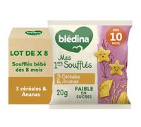 Blédina Mes 1ers Soufflés Bébé Dès 10 Mois, 3 Céréales & Ananas, 8 x 20g | Sans Gluten, Faible en Sucres, Soufflés Goûter Bébé Croustillants puis Fondants, Sachets Nomades de 20g