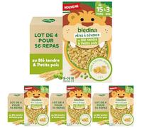 Blédina Pâtes à Dévorer 15 mois à 3 ans - Duo Féculents-légumes Diversification Alimentaire Bébé - Forme Ludique, Sans Sel Ajouté - Blé Tendre & Petits Pois - x4 boîtes : 36-56 repas bébé complets