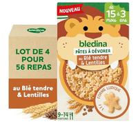 Blédina Pâtes à Dévorer 15 mois à 3 ans - Duo Féculents-légumes pour Diversification Alimentaire Bébé - Forme Ludique, Sans Sel Ajouté - Blé Tendre & Lentilles