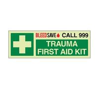 Bleedsave Trauma First Aid Kit - Call 999 - Paysage 450 x 150 mm - Panneau de sécurité autocollant en vinyle phosphorescent