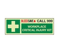 Bleedsave Workplace Critical Injury Kit - Call 999 - Paysage 300 x 100 mm - Panneau de sécurité autocollant en vinyle phosphorescent