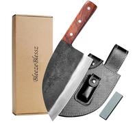 BleezeBlessz Couteau de chef couteau couperet couteau de cuisine serbe en acier au carbone forgé à la main avec gaine en cuir pour la cuisine de camping en plein air