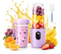 Blender Portable, 500 ml Blender Smoothie avec Affichage Numérique, Rechargeable Mini Blender Portable avec Brosse de Nettoyage, 16 Lames Mixeur Smoothie pour Extérieur Voyage Cuisine (Violet)
