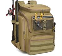 BlesMaller Sac à Dos de Pêche avec Porte-Canne 45L Large Résistant à l'eau Sac de Rangement pour Accessoires de Pêche pour la Randonnée, Camping, Trekking, Sport de Plein Air (Marron - sans Boîte)