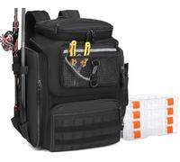 BlesMaller Sac à Dos de Pêche avec Porte-Canne 45L Large Résistant à l'eau Sac de Rangement pour Accessoires de Pêche pour la Randonnée, Camping, Trekking, Sport de Plein Air (Noir avec 4 Boîtes)