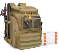 BlesMaller Sac à Dos de Pêche avec Porte-Canne 45L Large Résistant à l'eau Sac de Rangement pour Accessoires de Pêche pour la Randonnée, Camping, Trekking, Sport de Plein Air (Marron avec 4 Boîtes)