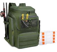 BlesMaller Sac à Dos de Pêche avec Porte-Canne 45L Large Résistant à l'eau Sac de Rangement pour Accessoires de Pêche pour la Randonnée, Camping, Trekking, Sport de Plein Air (Vert avec 4 Boîtes)