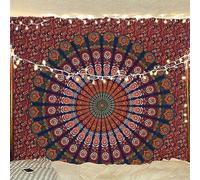Bless International Tapisserie de literie murale hippie indienne bohème psychédélique paon mandala (vert rouge doré, Taille de reine(84x90 pouces)(215x230 cms))