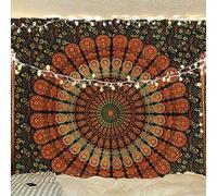 Bless International Tapisserie murale faite à la main style indien, hippie bohémien, psychédélique, paon mandala, pour dortoir, plage, jeté de table, nappe (vert doré, taille M (137 x 152 cm)