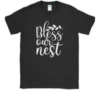 Bless Our Nest Spring T-Shirt Funny Seasons Home Making Text Tee Black L