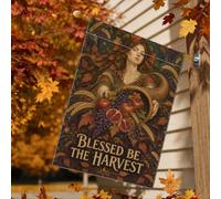 Blessed Be The Harvest Drapeau de maison Cornucopia Citation d'automne 71 x | Illustration de la déesse de l'automne, drapeau de pelouse, motif de récolte abondante, couleurs saisonnières riches