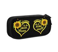 Blessed to Be Called Sunflower Trousse à crayons double couche de grande capacité personnalisable en tissu polyester imprimé complet pour école, bureau, voyage, Noir , Taille unique