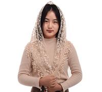 BLESSUME Femme Mantille Catholique Voile Dentelle Chapelle Triangle Eglise Messe Latine Châle 1pc (Beige)