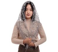BLESSUME Femme Mantille Catholique Voile Dentelle Chapelle Triangle Eglise Messe Latine Châle 1pc (Gris)
