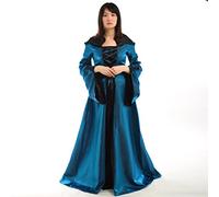 BLESSUME Médiéval Femmes Lacer Fête Robe Éclater Manche Cosplay Fantaisie Encapuchonné Longue Robe (Bleu, L)