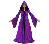 BLESSUME Médiéval Femmes Lacer Fête Robe Éclater Manche Cosplay Fantaisie Encapuchonné Longue Robe (Violet, XL)
