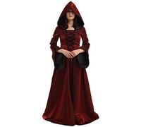 BLESSUME Médiéval Robe Femmes Fête Éclater Manche Cosplay Fantaisie Encapuchonné Longue Robe (Bourgogne, 2XL)