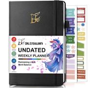 BLESWIN Agenda Non Daté Semainier A5 avec Onglets Autocollants, Gestion du Temps et de la Productivité pour le Suivi des Objectifs et des Tâches, Démarrage à tout Moment, Noir