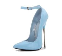 Bleu,37 EU,Escarpins à Bride à la Cheville pour Femmes avec Bout Pointu et Talons Aiguilles de 6,3 Pouces en Cuir Verni PU, Chaussures habillées à Talons Hauts pour soirées et boîtes de Nuit