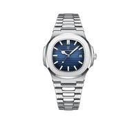 (Bleu argenté) Montre de luxe décontractée de marque supérieure, cadran carré, acier inoxydable, calendrier