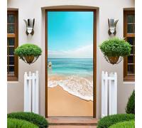 Bleu Autocollant Porte 77x200 cm Plage de l'océan 3D Art Stickers de Porte PVC Imperméable Trompe L'Œil Papier Peint Murale pour Salon Cuisine Chambre Salle de Bain Decoration