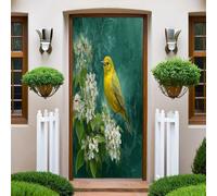 Bleu Autocollants de Porte 77x200 cm Fleurs Oiseau Jaune 3D Trompe L'Oeil Auto-adhésif Vinyle Porte Papier Stickers Imperméable Mur Salon Chambre Salle Bain Décor