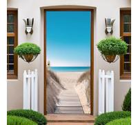 Bleu Autocollants de Porte 90x200 cm Sentier de la plage de bois 3D Trompe L'Oeil Auto-adhésif Vinyle Porte Papier Stickers Imperméable Mur Salon Chambre Salle Bain Décor