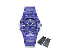 (bleu avec boîte) Montre ICE-Out Bling Diamond pour hommes et femmes Hip Hop Montres à quartz pour hommes