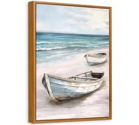Bleu Bateau Blanc Mer Tableau Encadrée Poster Mural Plage de Sable Peinture Impression sur Toile Image Affiche Bateau Côtière Tableau Decoration Murale Salon Chambre Coucher Salle de Bains 40x60cm