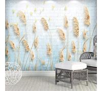 Bleu Blanc Mur De Briques Plantes Oiseaux En Vol Papier Peint 3D Installation Facile Intissé Tapisserie Bureau Salon Canapé Chambre Décoration Murale-250cm×170cm