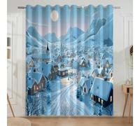 Bleu Blanc Petite Ville Paysage De Neige Maisons Chaîne Rideaux Doux et durables Rideau Convient pour Le Salon/la Chambre à Coucher 140L X 180H cm(2 Pièces)
